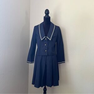 Vintage 60s 70s Cropped Navy Dagger Collar Jacket Pleated Skirt Set